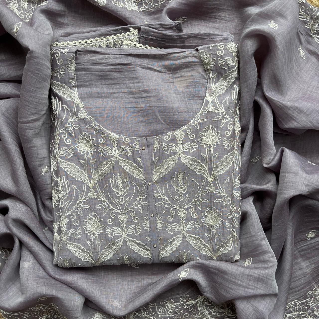 Jaal-e-Bahaar Lilac Pure Mulmul Chanderi Unstitched Suit