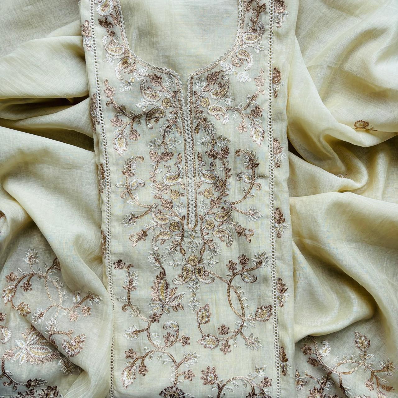 Cream Pure Mulmul Chanderi with Thread Aari Embroidery