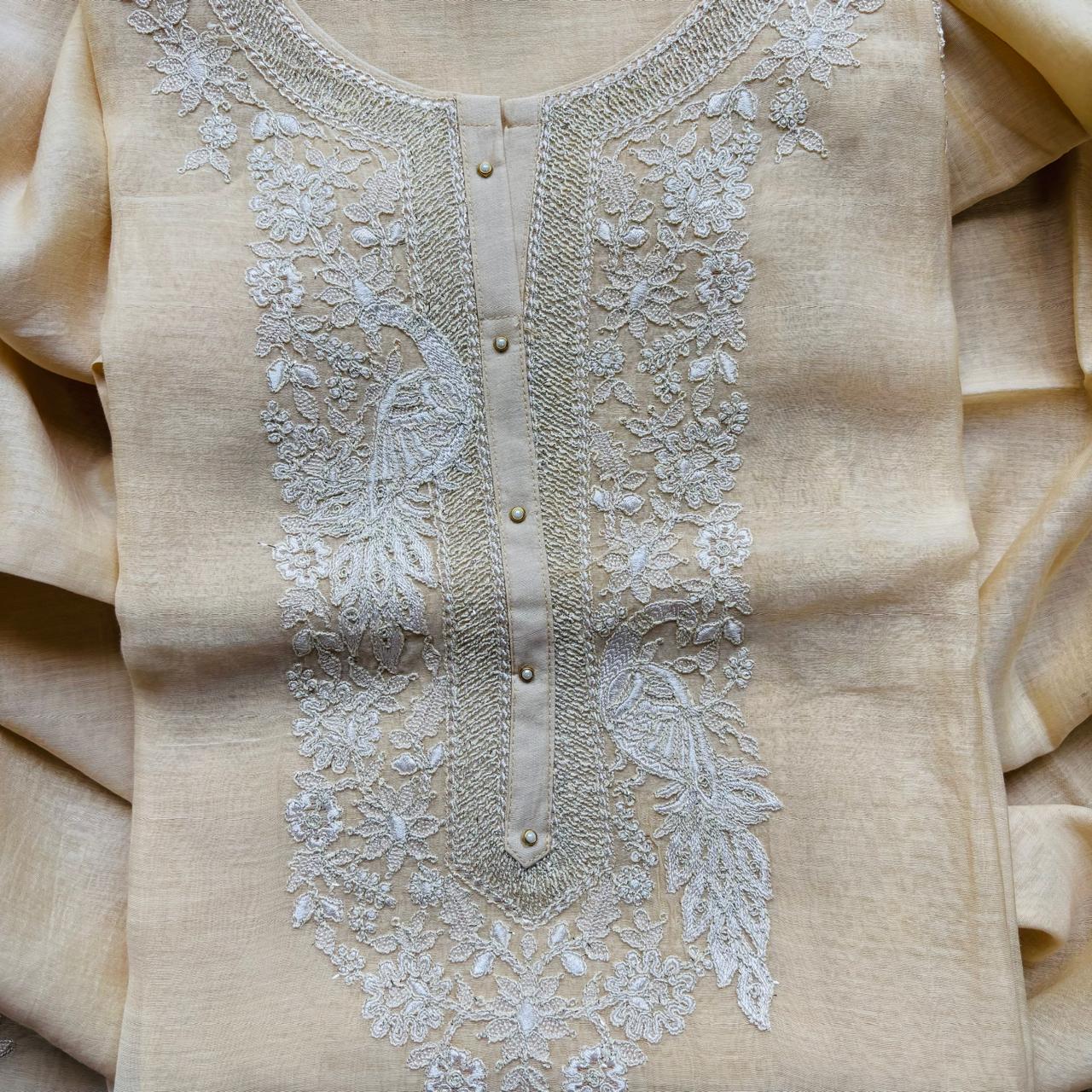 Beige Pure Mulmul Chanderi Unstitched Suit With Embroidery