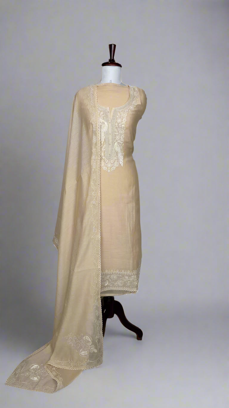 Beige Pure Mulmul Chanderi Unstitched Suit With Embroidery
