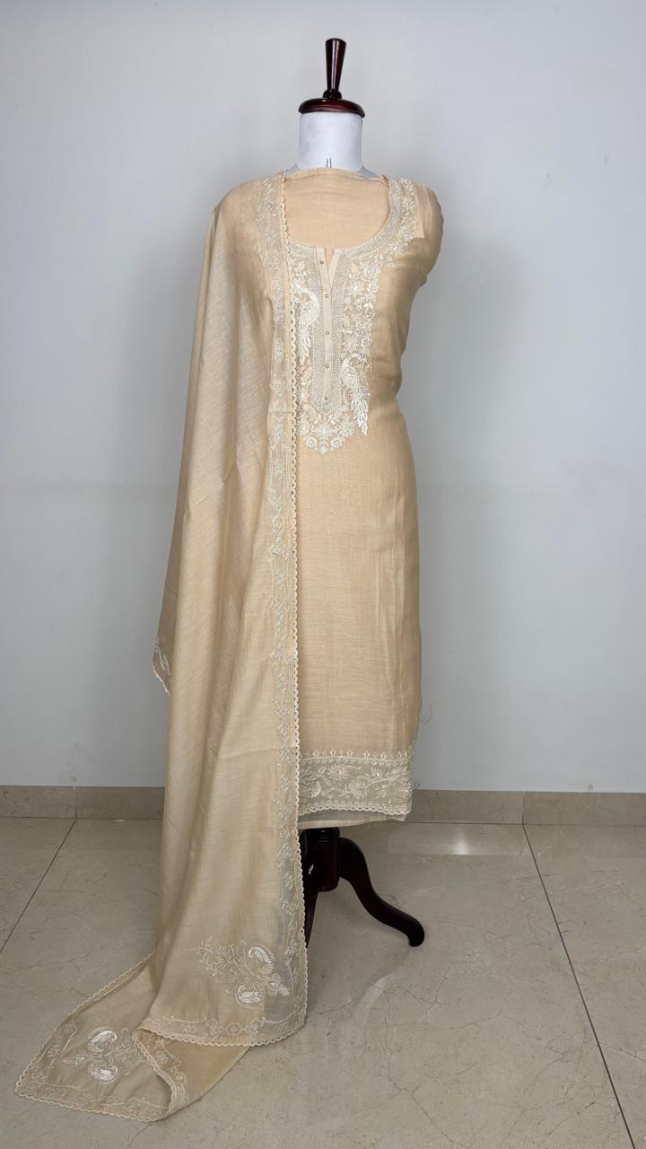 Beige Pure Mulmul Chanderi Unstitched Suit With Embroidery