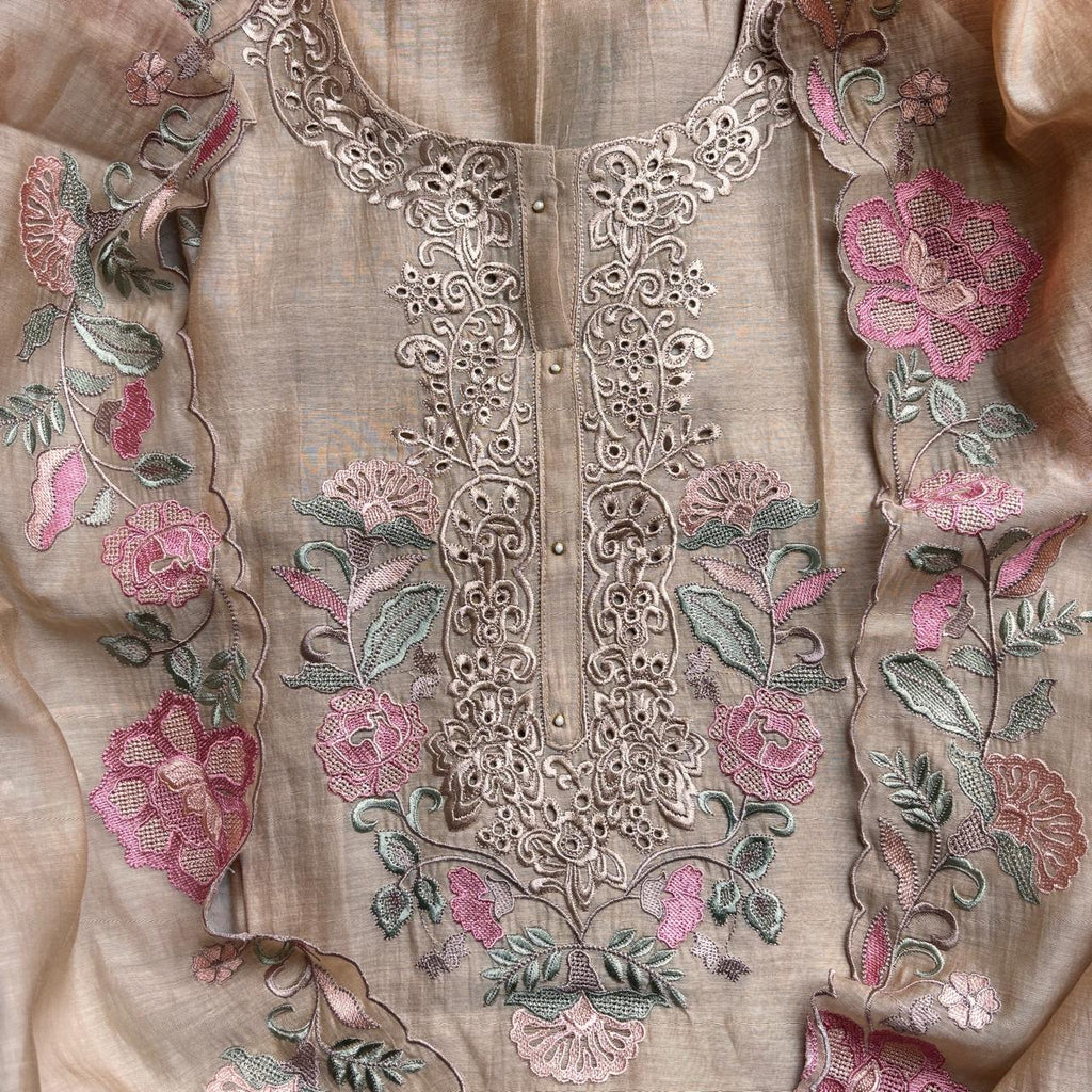 Beige Pure Mulmul Chanderi Unstitched Suit With multicolor thread floral Embroidery