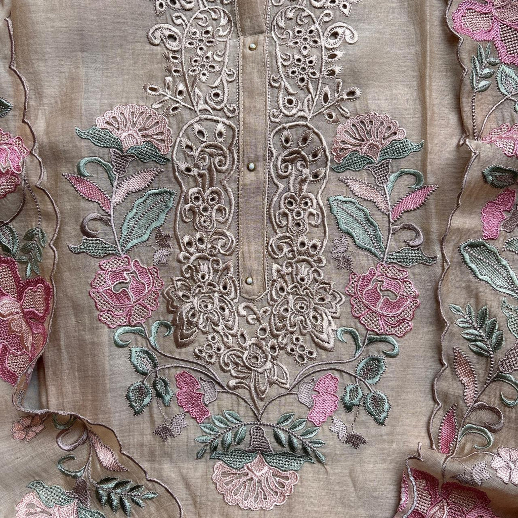 Beige Pure Mulmul Chanderi Unstitched Suit With multicolor thread floral Embroidery