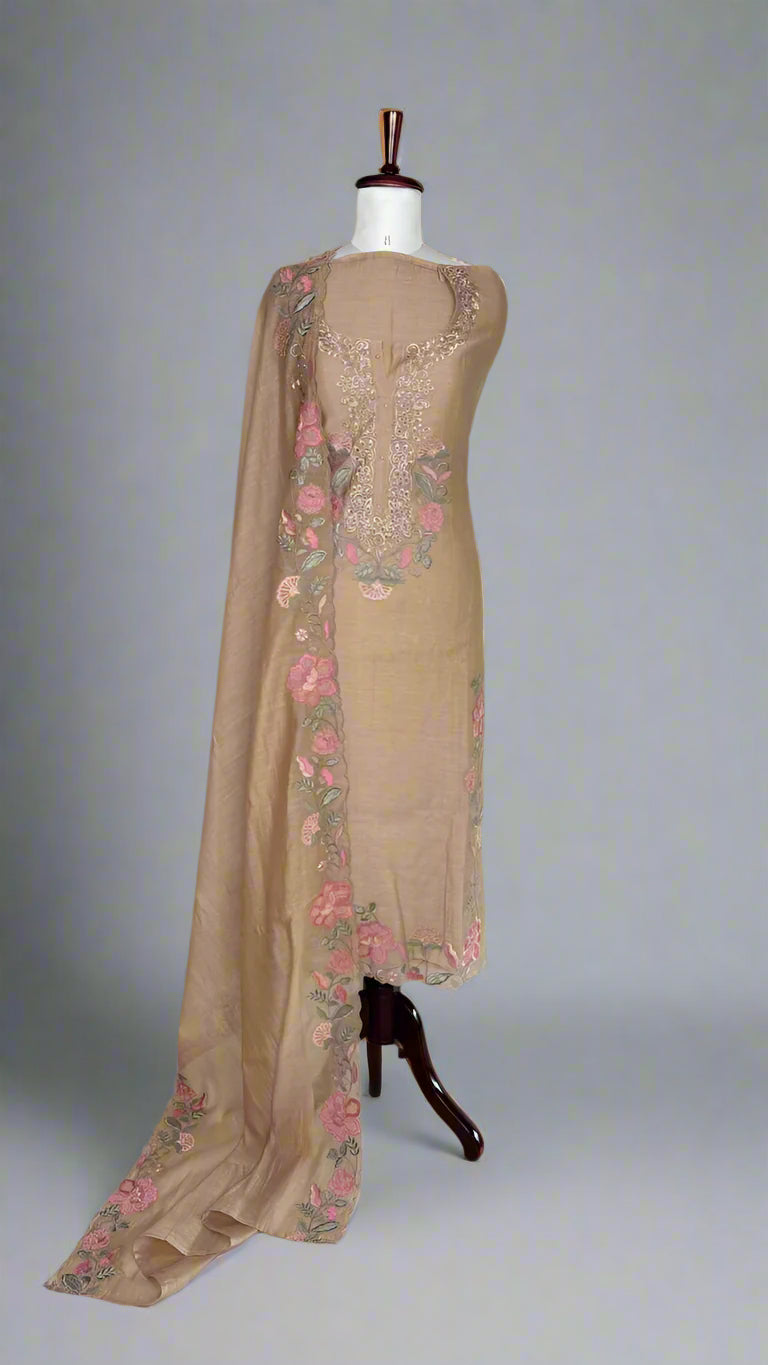 Beige Pure Mulmul Chanderi Unstitched Suit With multicolor thread floral Embroidery