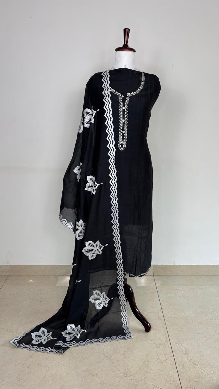 Pure Mulmul Chanderi Unstitched Suit With White Floral Applique Embroidery