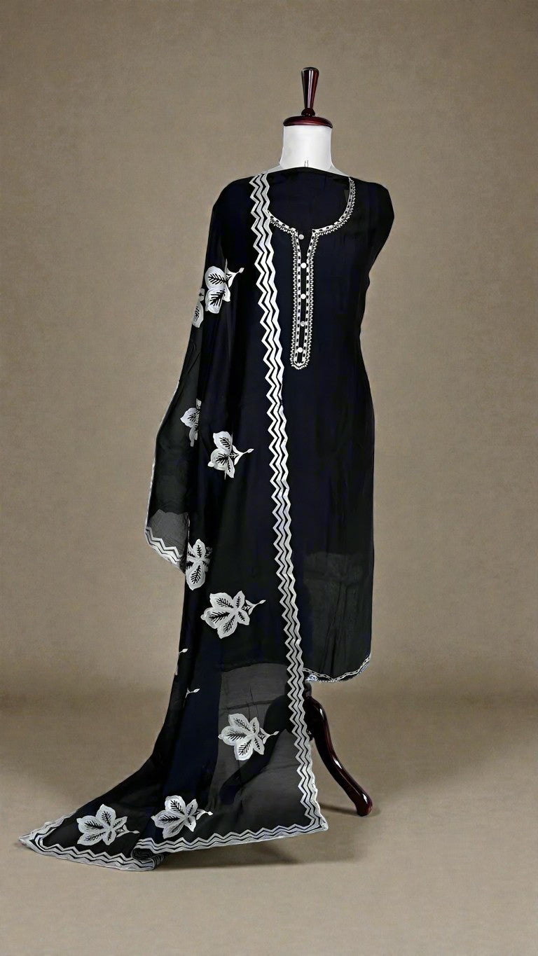 Pure Mulmul Chanderi Unstitched Suit With White Floral Applique Embroidery
