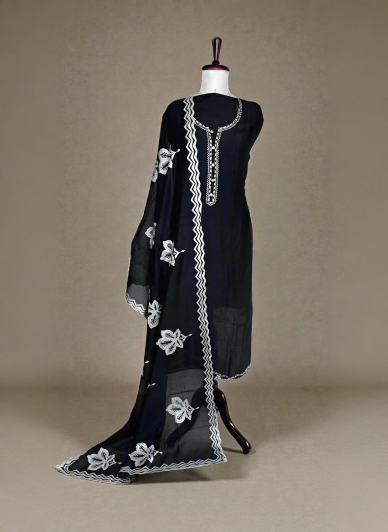 Pure Mulmul Chanderi Unstitched Suit With White Floral Applique Embroidery