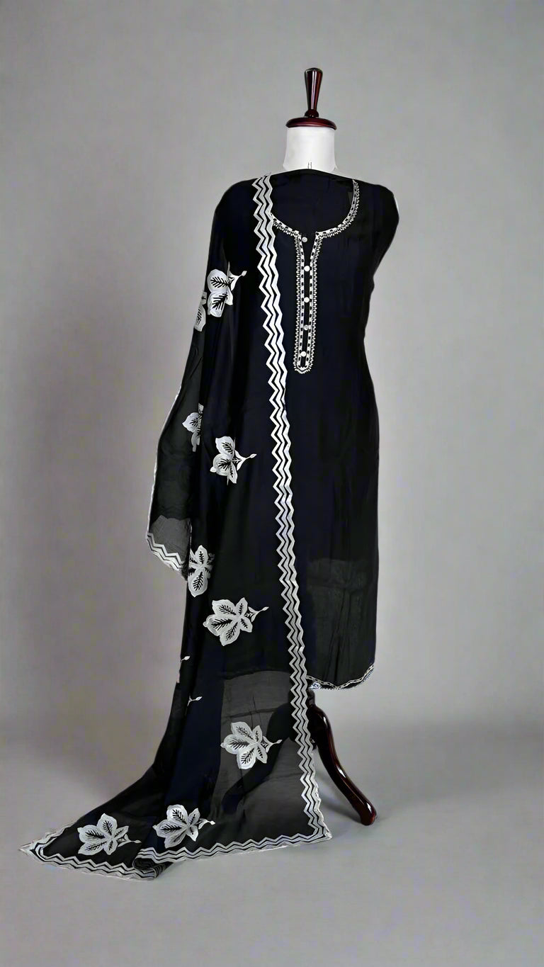 Pure Mulmul Chanderi Unstitched Suit With White Floral Applique Embroidery