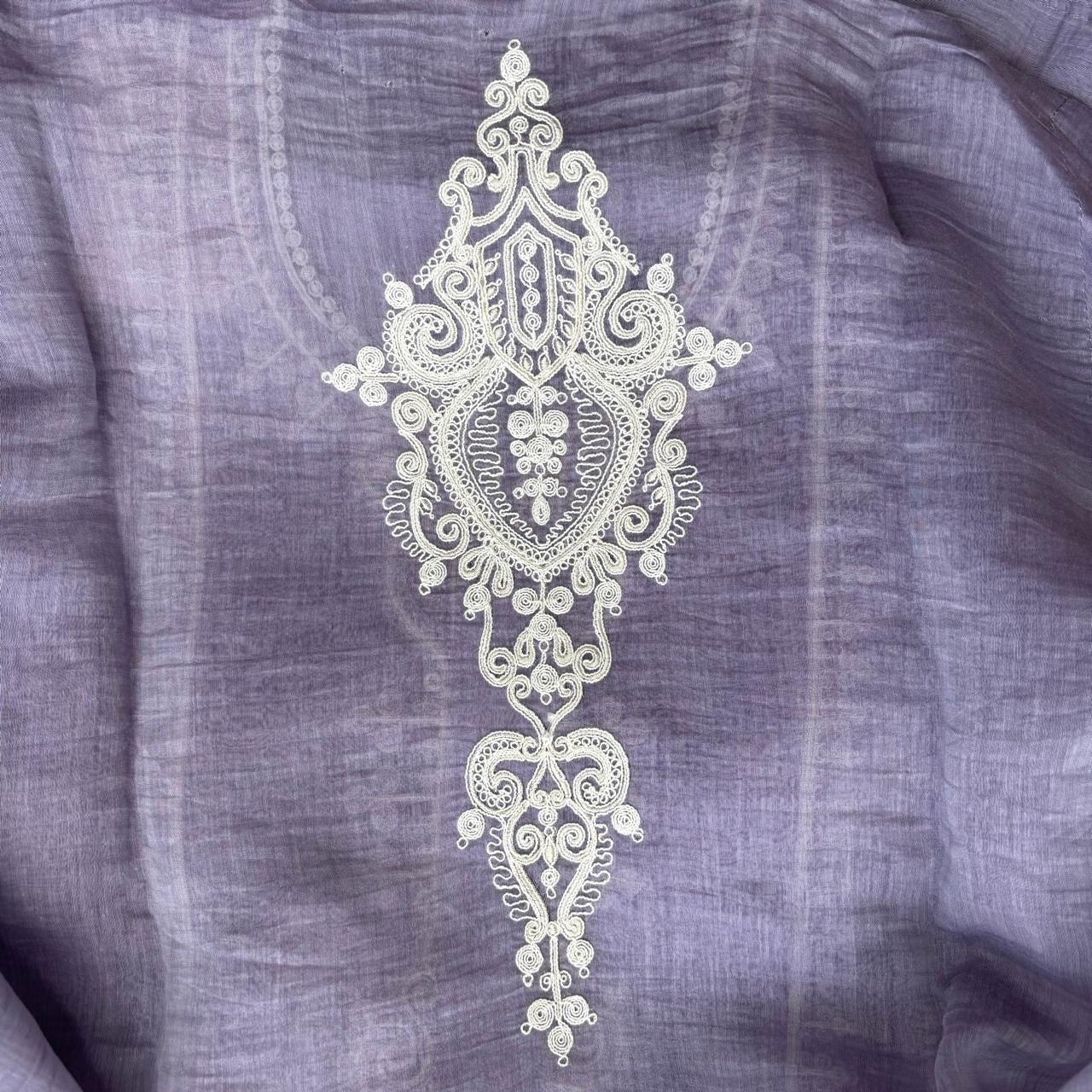 Lilac Pure Mulmul Chanderi Unstitched Suit With White Dori Embroidery