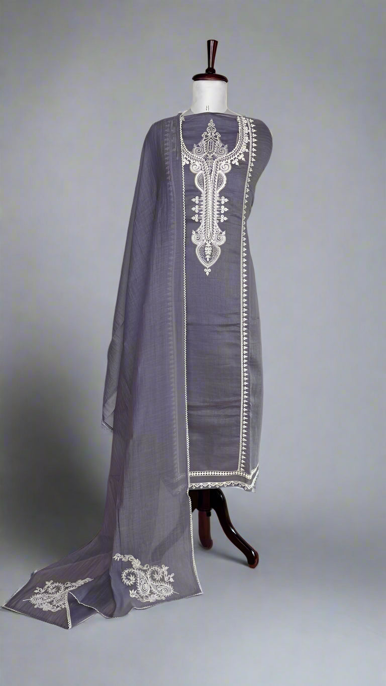 Lilac Pure Mulmul Chanderi Unstitched Suit With White Dori Embroidery