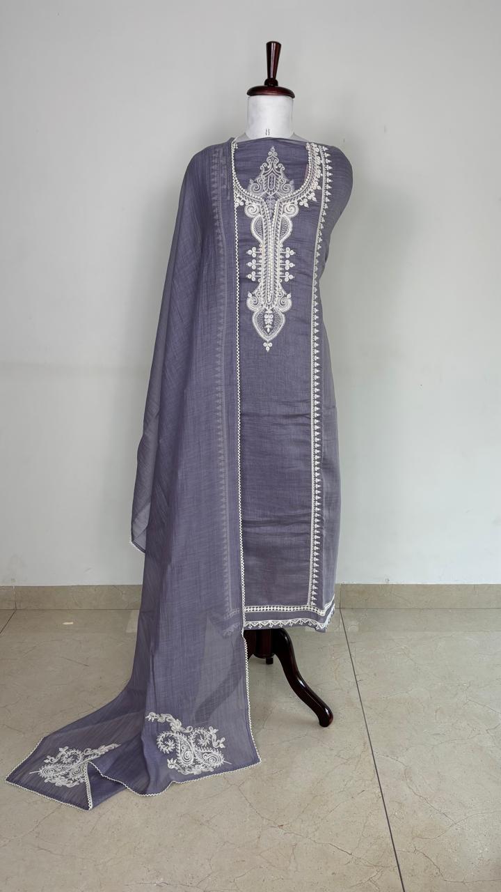 Lilac Pure Mulmul Chanderi Unstitched Suit With White Dori Embroidery