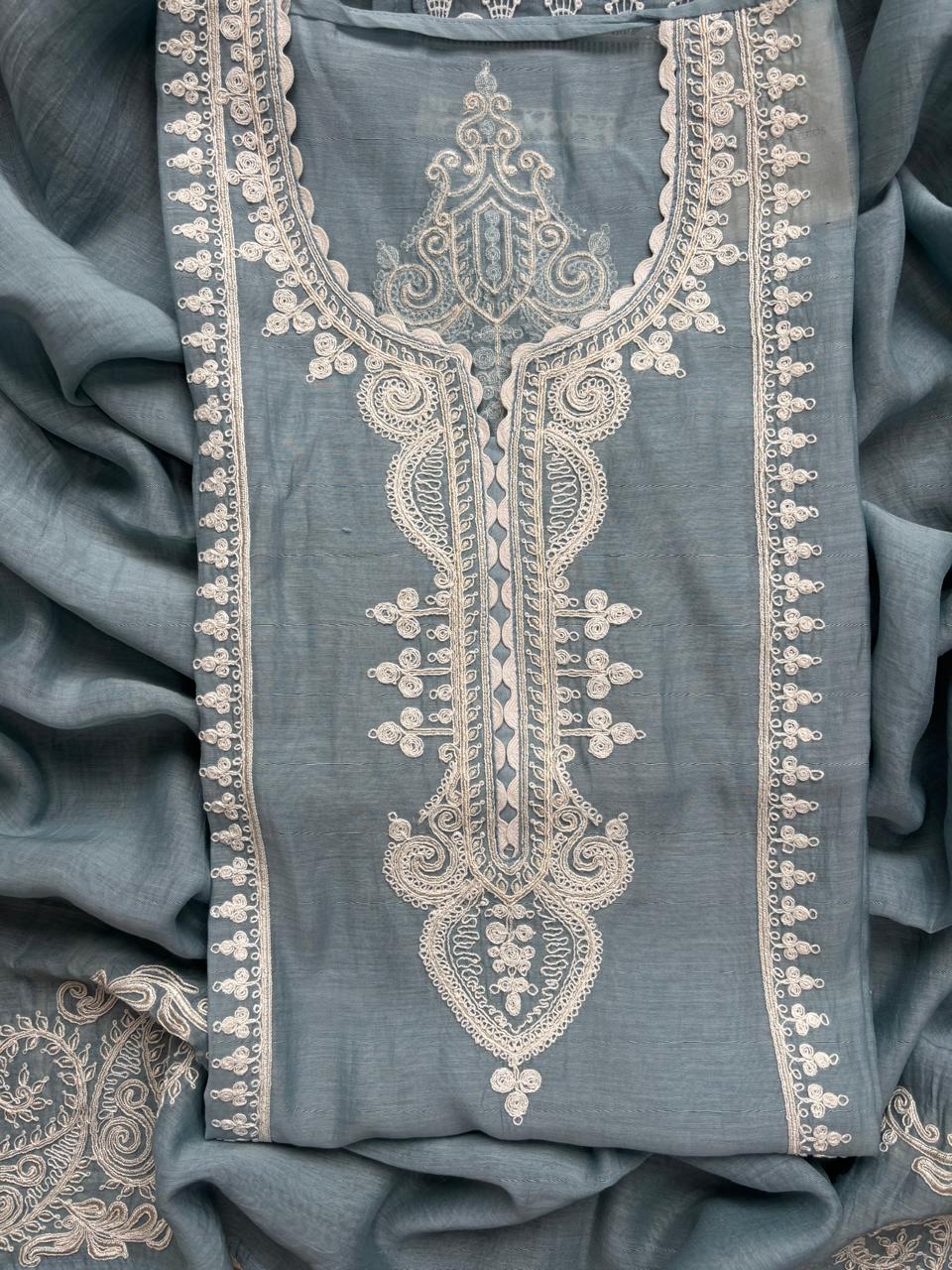 English Blue Pure Mulmul Chanderi Unstitched Suit With White Dori Embroidery