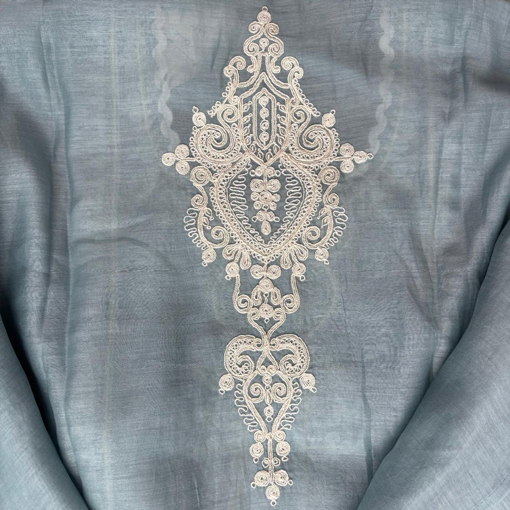 English Blue Pure Mulmul Chanderi Unstitched Suit With White Dori Embroidery