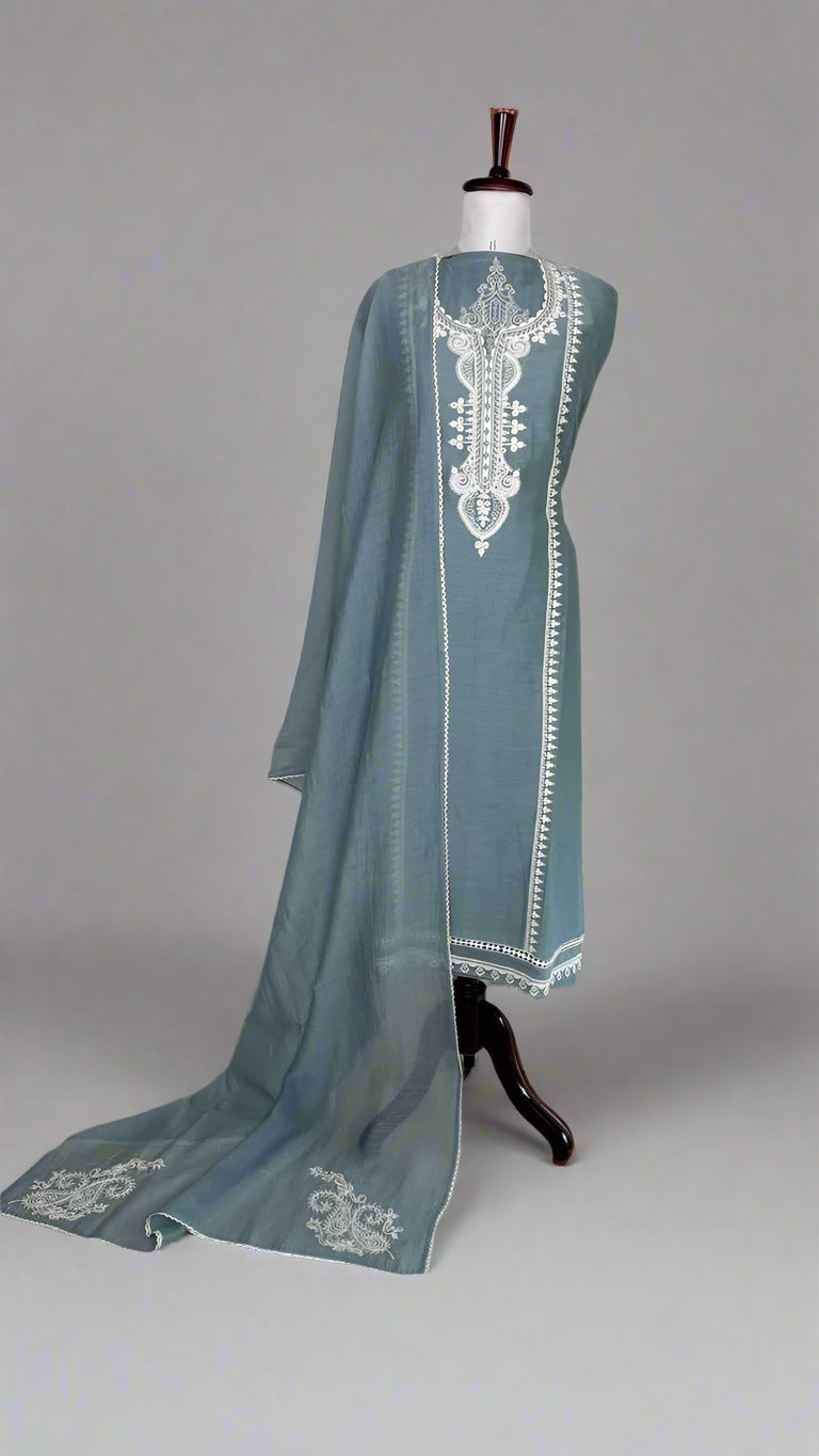 English Blue Pure Mulmul Chanderi Unstitched Suit With White Dori Embroidery