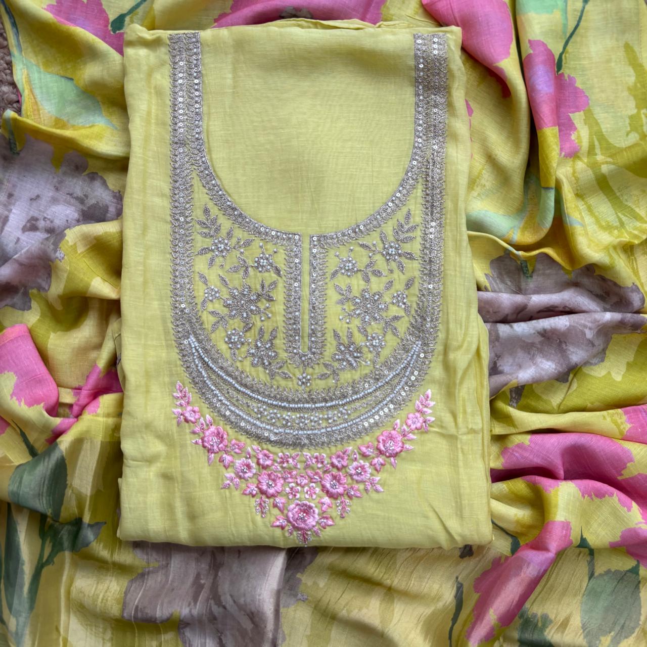 Yellow Linen Unstitched Suit with Zari embroidery on neckline and digital print floral dupatta