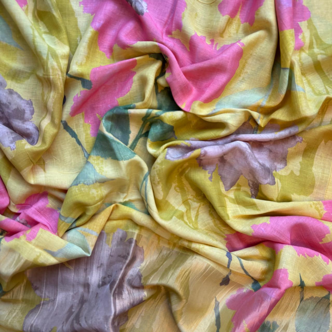 Yellow Linen Unstitched Suit with Zari embroidery on neckline and digital print floral dupatta