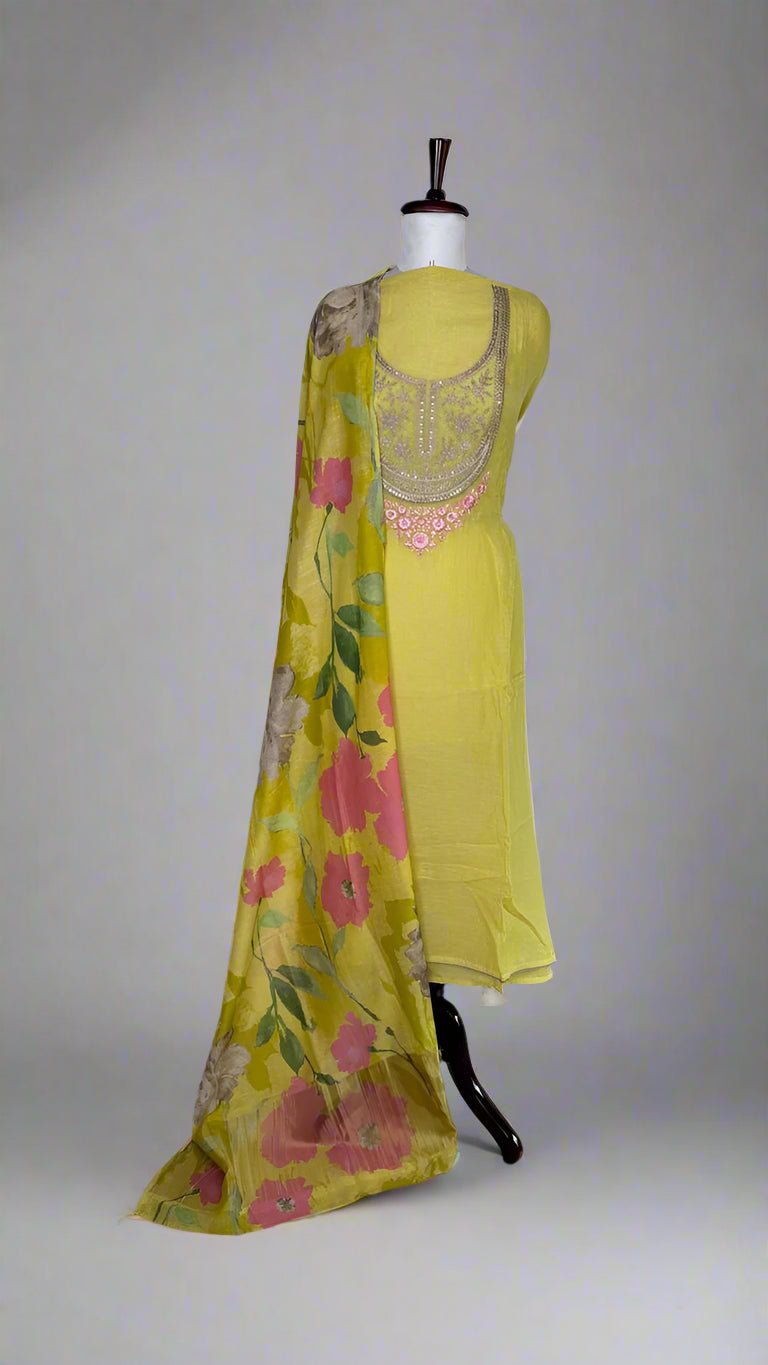 Yellow Linen Unstitched Suit with Zari embroidery on neckline and digital print floral dupatta