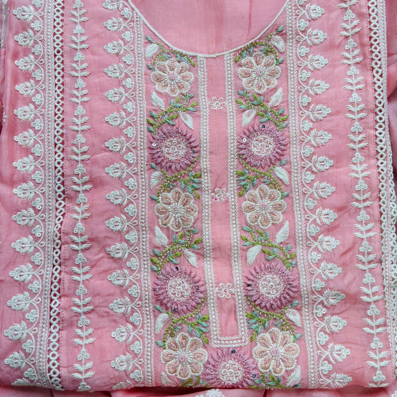 Peach Mulmul Luckhnavi thread embroidery with beads