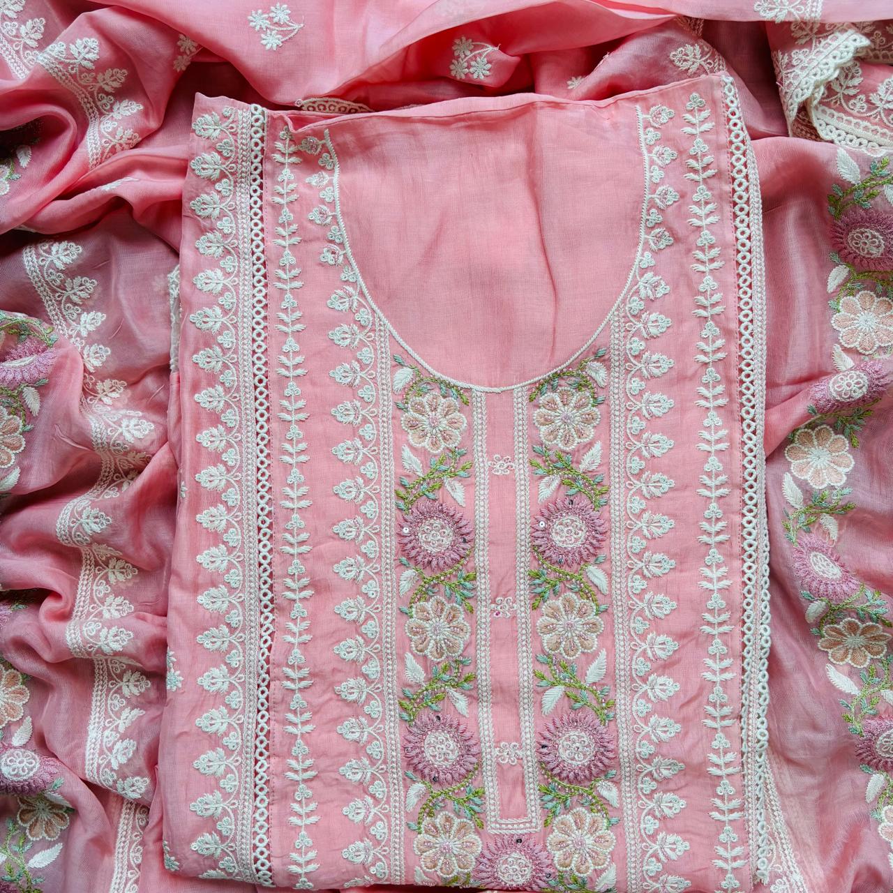 Peach Mulmul Luckhnavi thread embroidery with beads