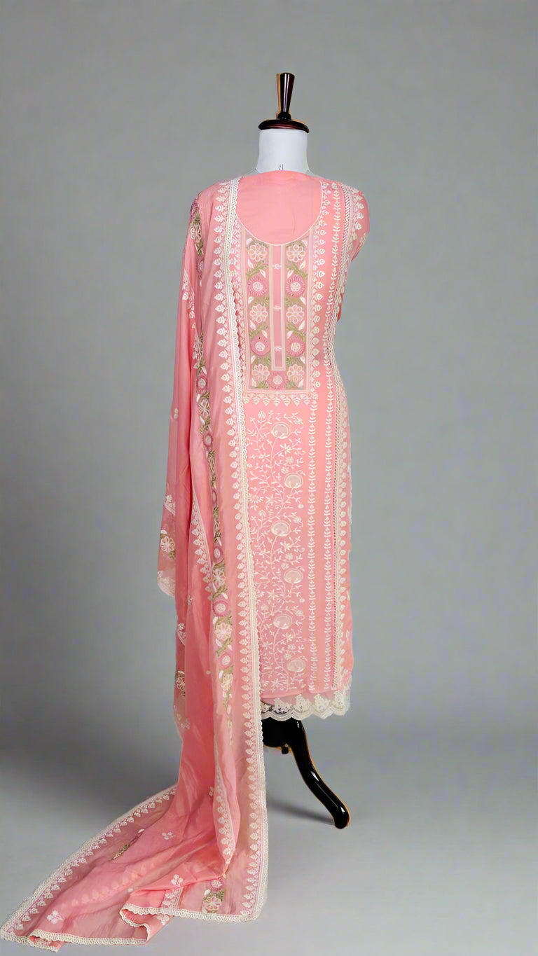 Peach Mulmul Luckhnavi thread embroidery with beads