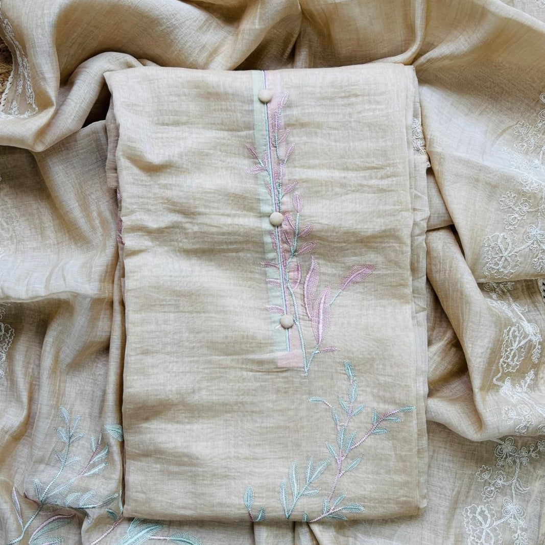 Pure Mulmul Chanderi Unstitched Suit With Zari Leaves Embroidery