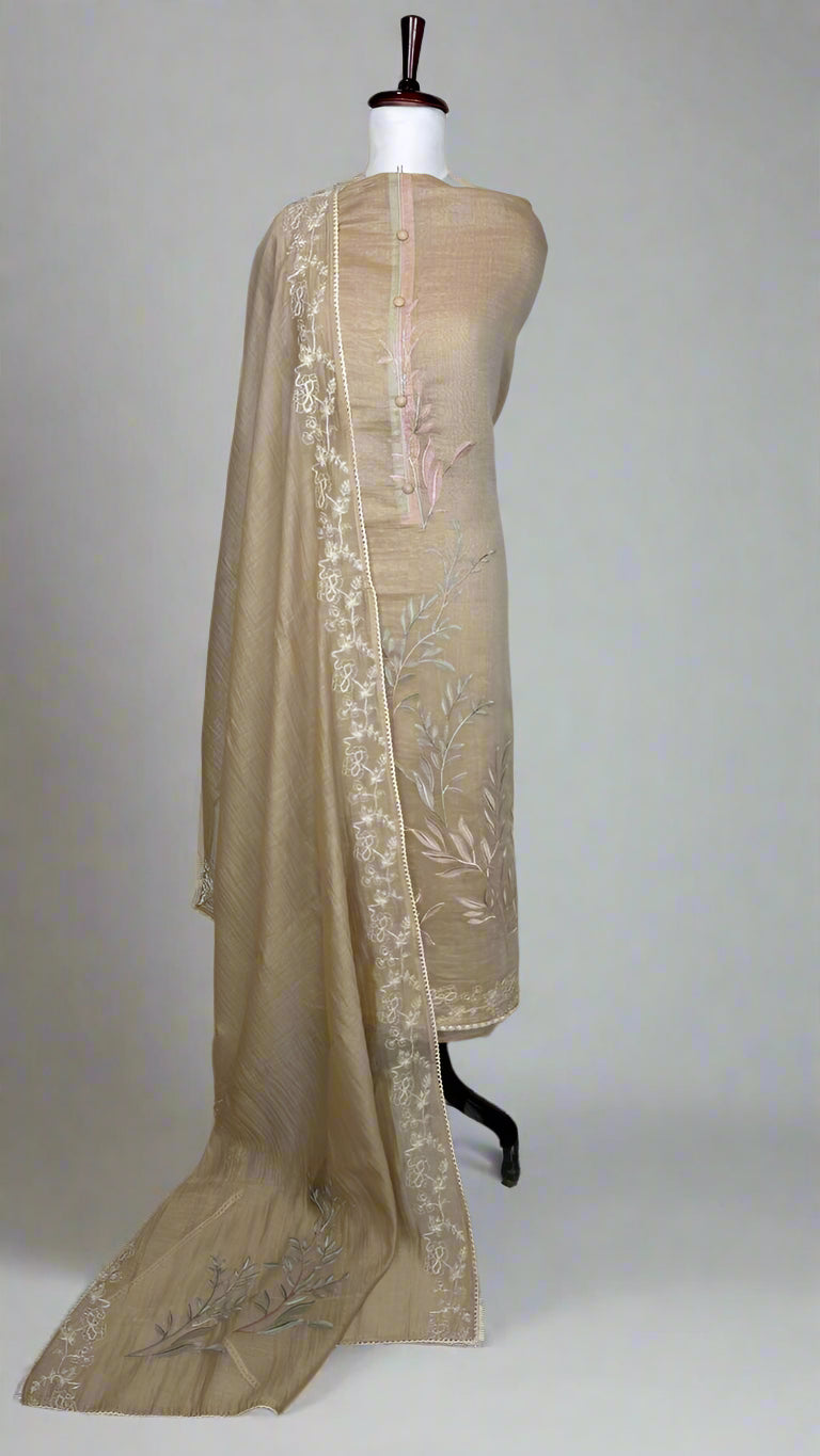 Pure Mulmul Chanderi Unstitched Suit With Zari Leaves Embroidery