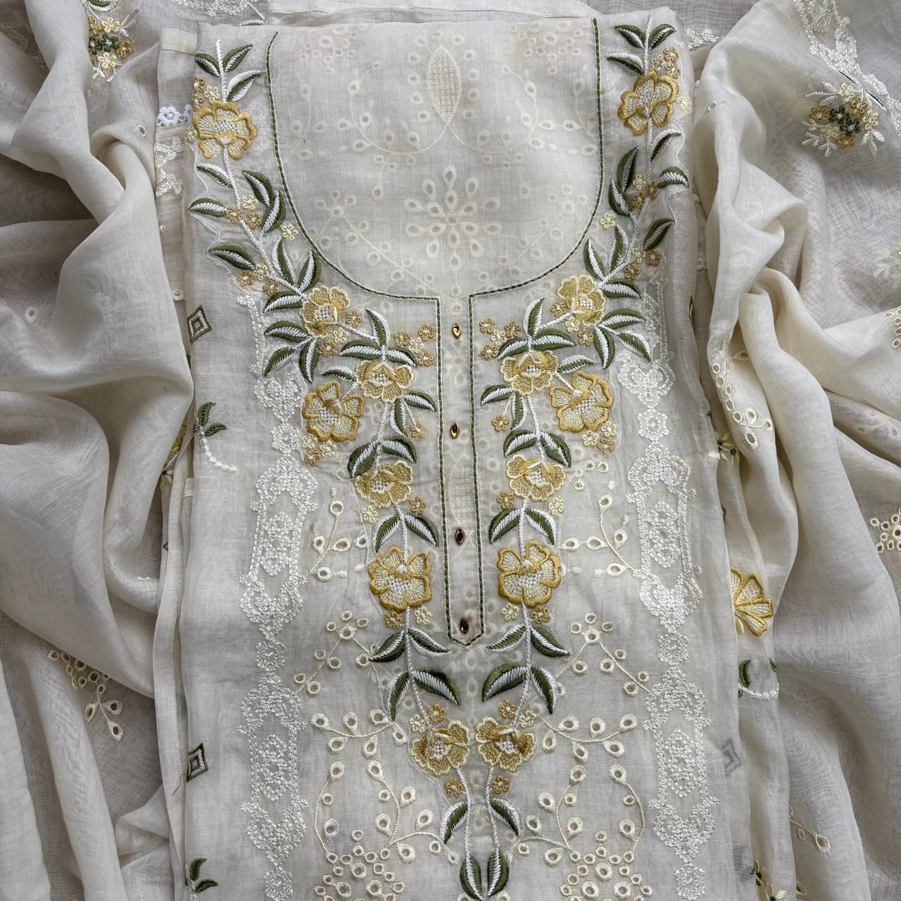 Pure Mulmul Chanderi Unstitched Suit with Floral Embroidery