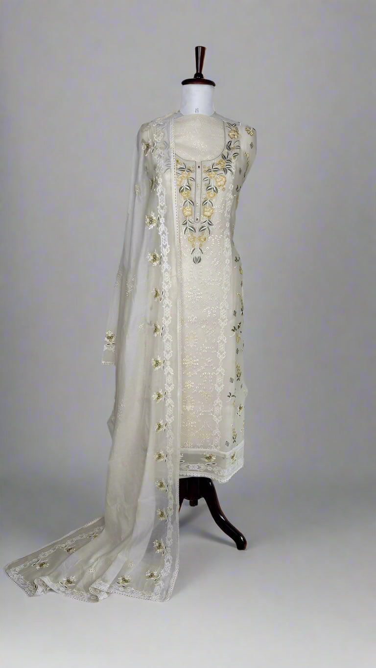 Pure Mulmul Chanderi Unstitched Suit with Floral Embroidery