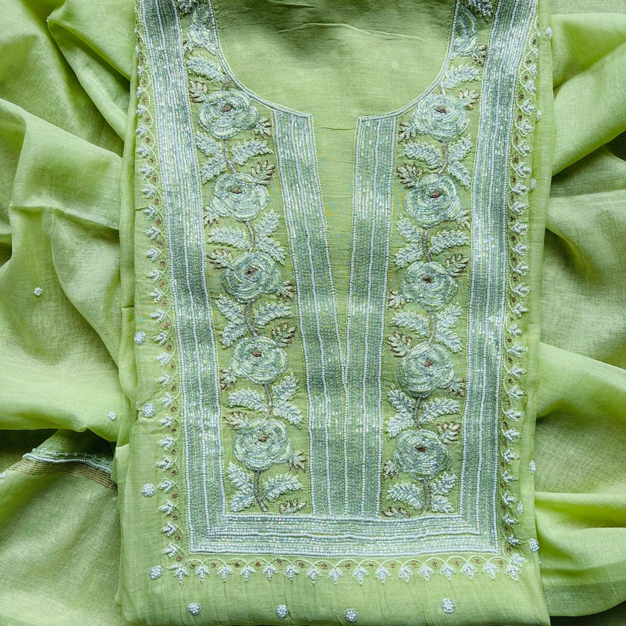 Light Green Pure Mulmul Luckhnavi Unstitched Suit with Pearl Embroidery