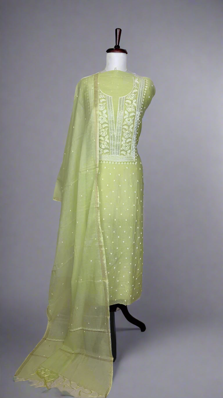 Light Green Pure Mulmul Luckhnavi Unstitched Suit with Pearl Embroidery