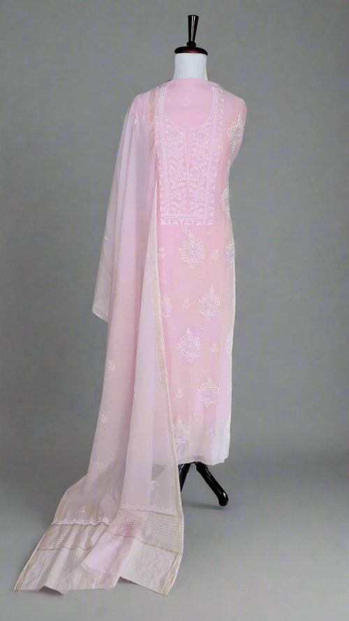 Baby Pink Pure Mulmul Luckhnavi Unstitched Suit with Pearl Embroidery