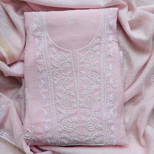 Baby Pink Pure Mulmul Luckhnavi Unstitched Suit with Pearl Embroidery