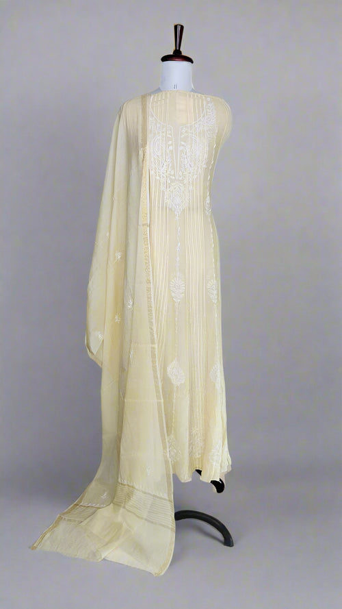 Beige Anarkali Pure Mulmul Luckhnavi Unstitched Suit with Pearl Embroidery