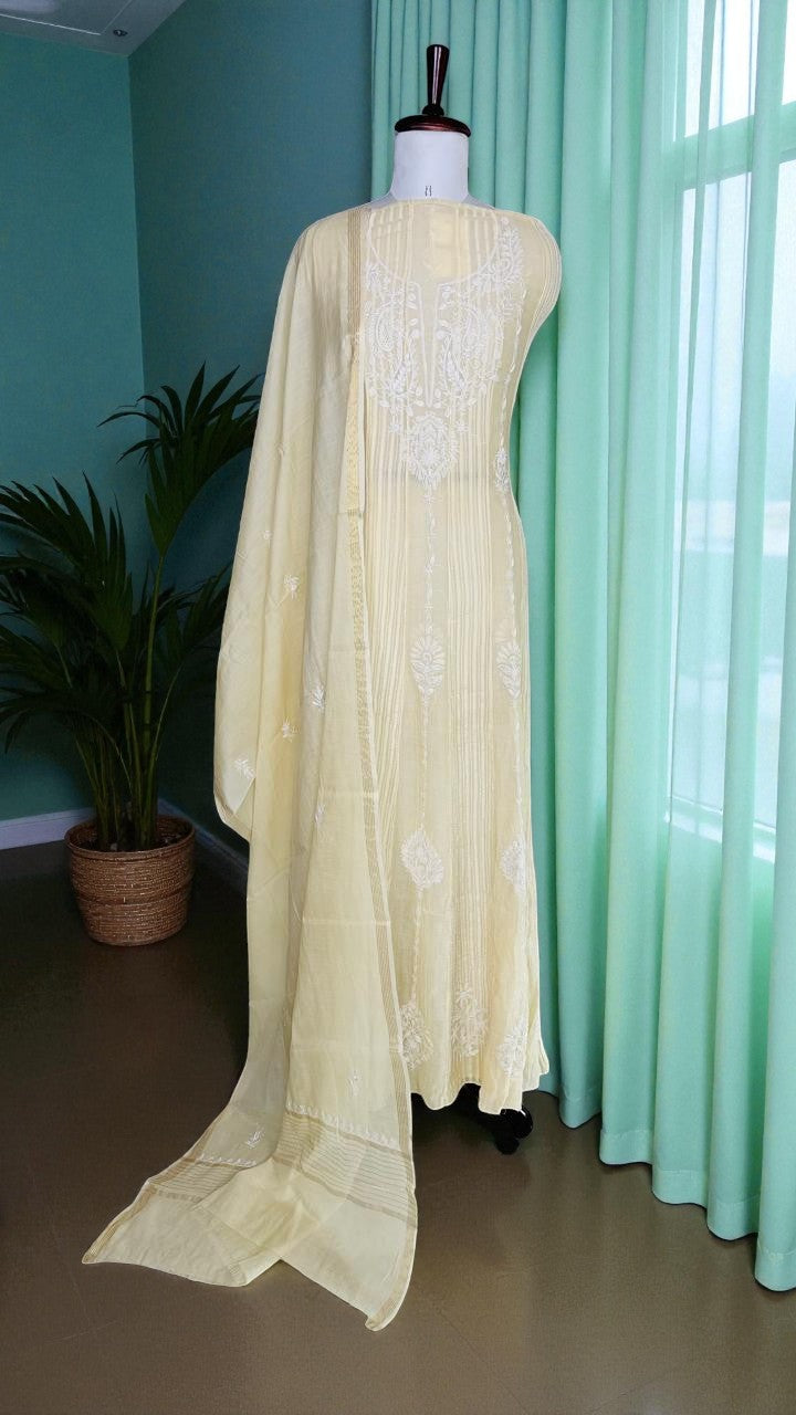 Beige Anarkali Pure Mulmul Luckhnavi Unstitched Suit with Pearl Embroidery-5