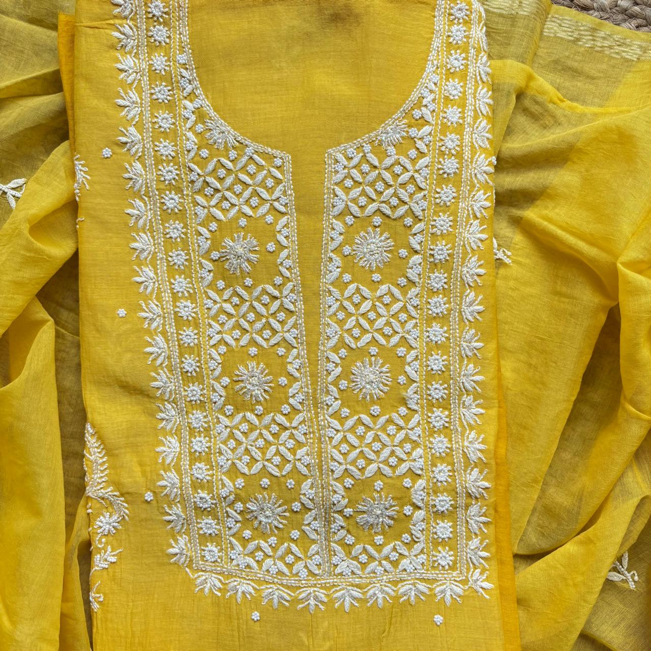 Yellow Pure Mulmul Luckhnavi Unstitched Suit with Pearl Embroidery