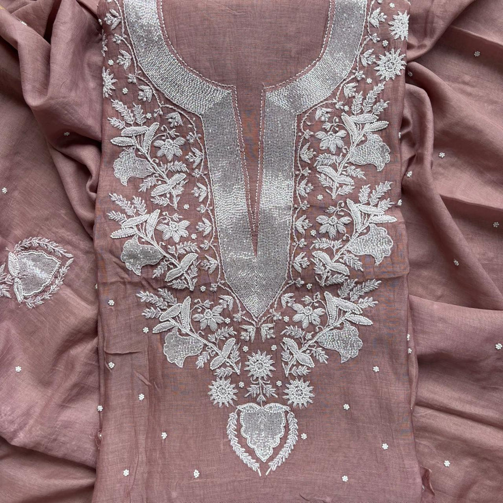 Pure Mulmul Luckhnavi Unstitched Suit with Pearl and Sequence Embroidery