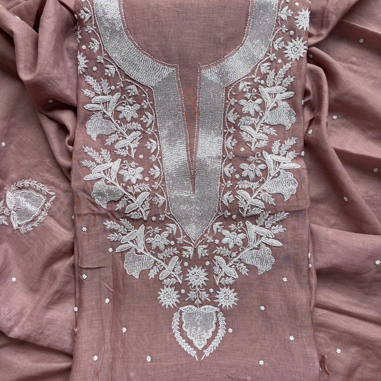 Pure Mulmul Luckhnavi Unstitched Suit with Pearl and Sequence Embroidery