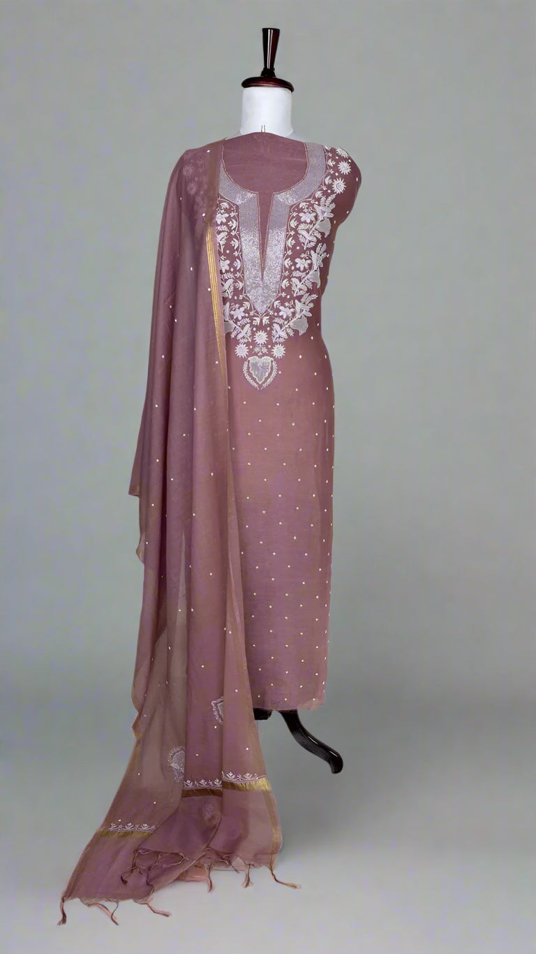 Pure Mulmul Luckhnavi Unstitched Suit with Pearl and Sequence Embroidery