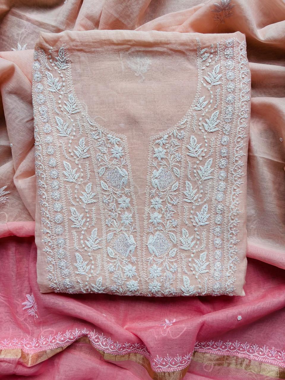 Pure Mulmul Luckhnavi Ombre Unstitched Suit with Pearl Embroidery