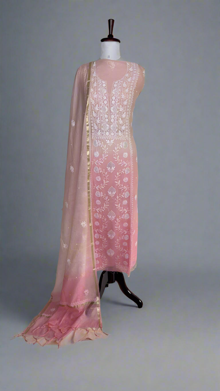 Pure Mulmul Luckhnavi Ombre Unstitched Suit with Pearl Embroidery