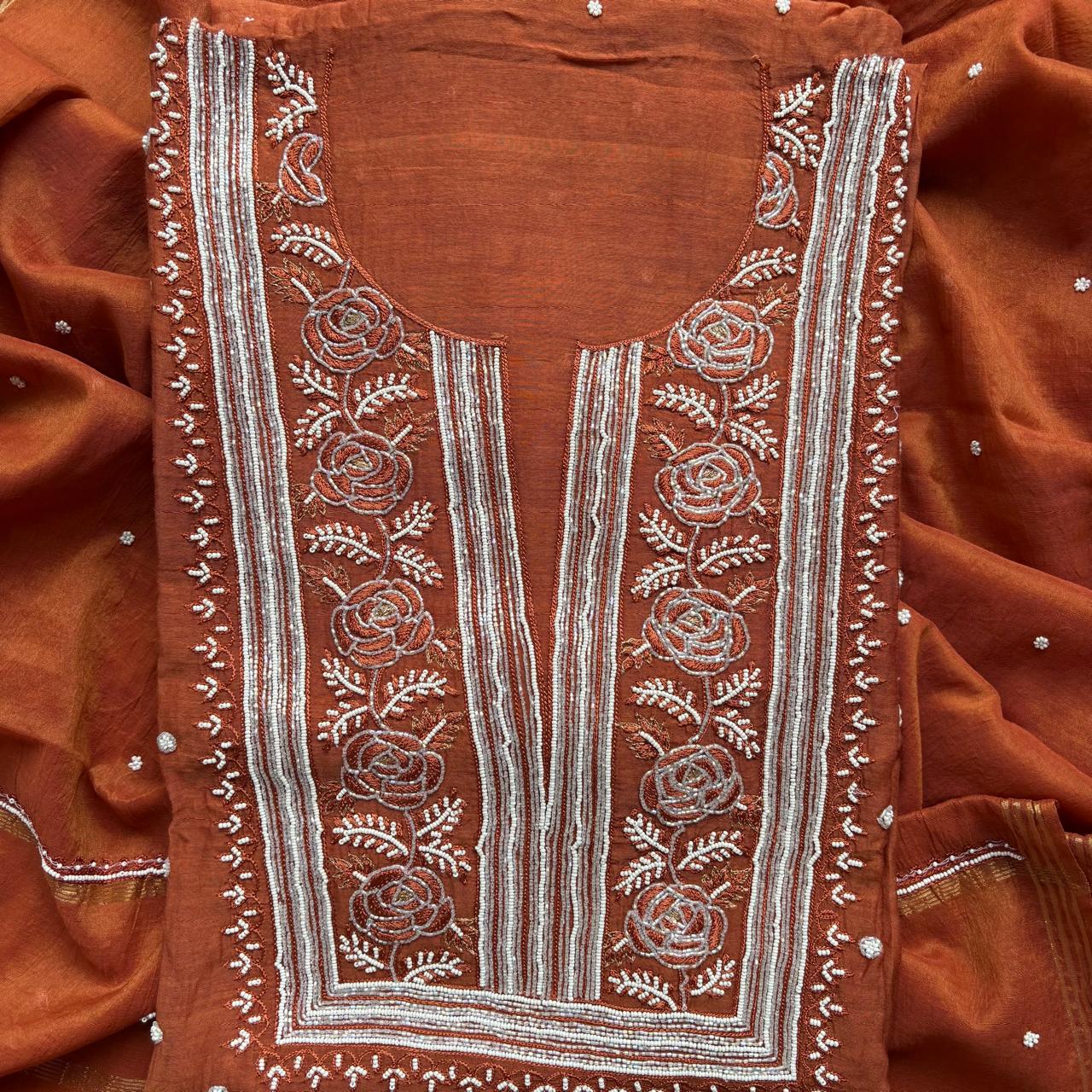 Pure Mulmul Luckhnavi Rust Shade Unstitched Suit with Pearl Embroidery