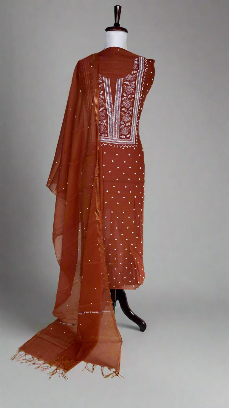 Pure Mulmul Luckhnavi Rust Shade Unstitched Suit with Pearl Embroidery