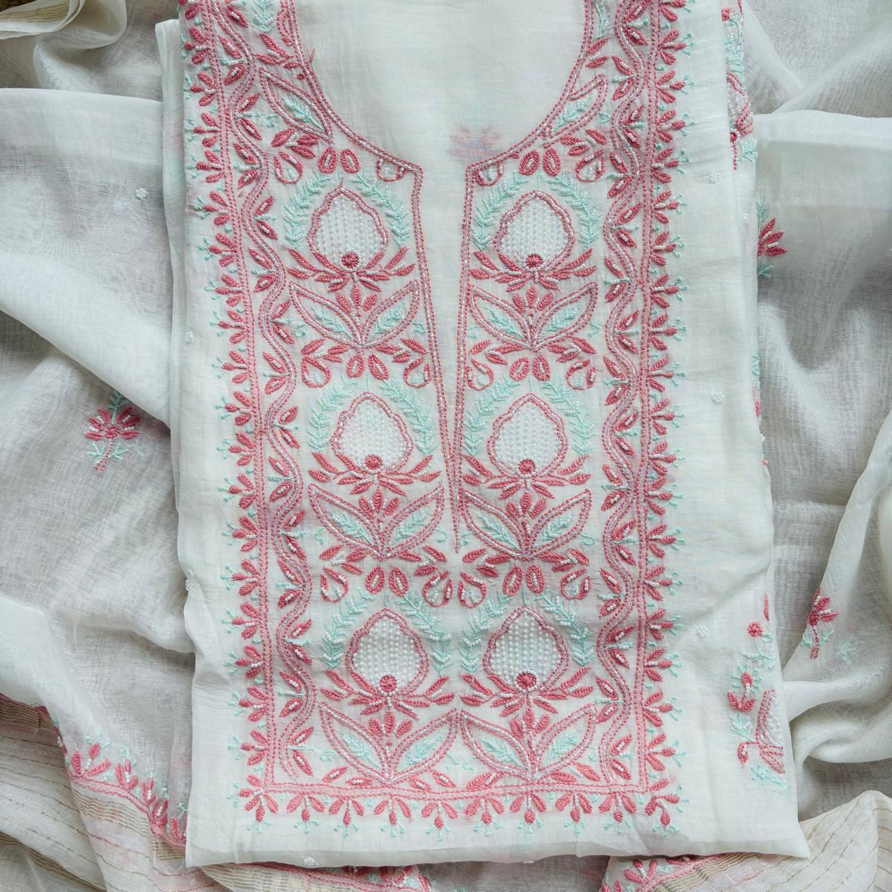 White Pure Mulmul Luckhnavi Unstitched Suit with Red contrast pearl Embroidery