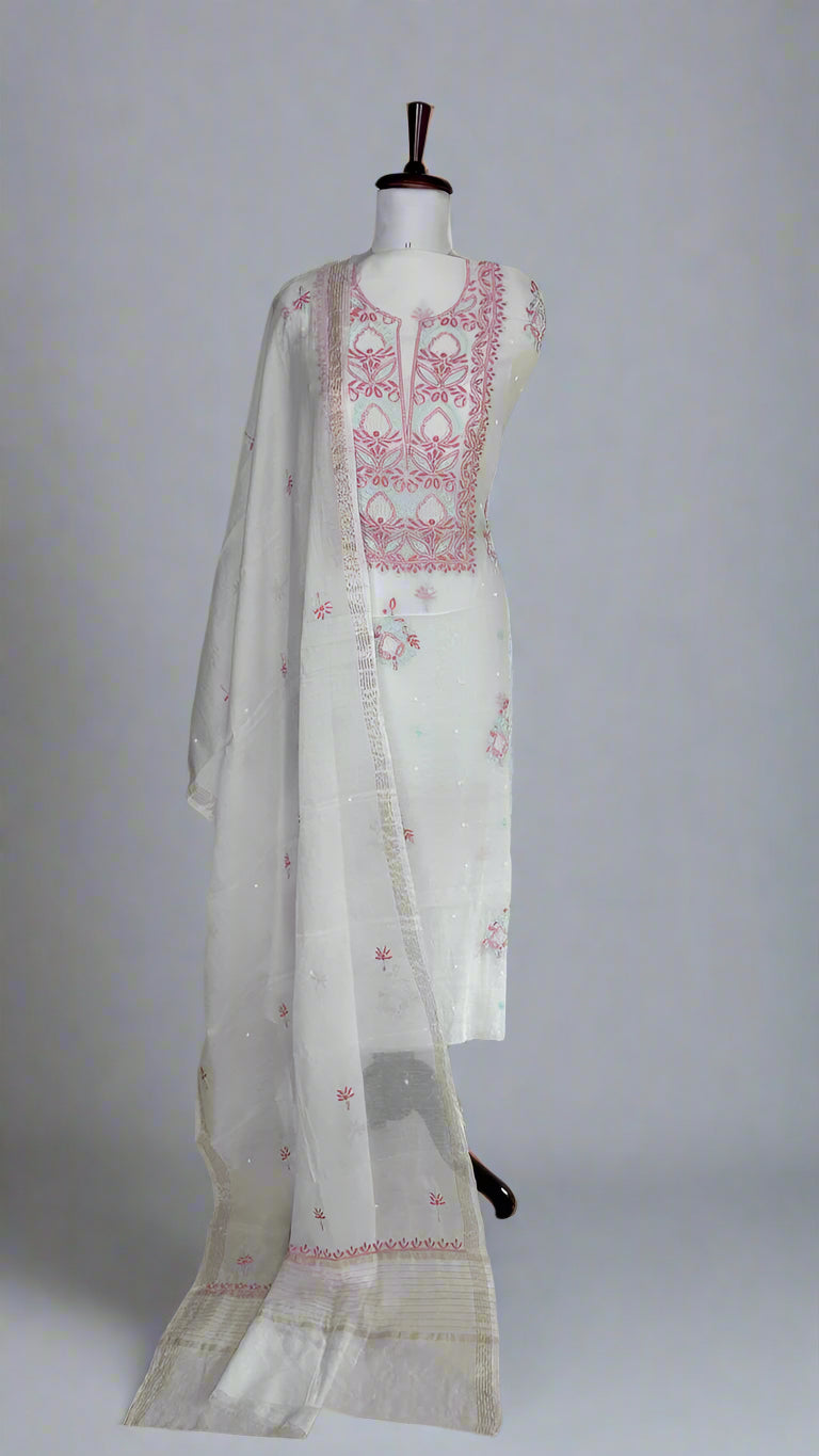 White Pure Mulmul Luckhnavi Unstitched Suit with Red contrast pearl Embroidery
