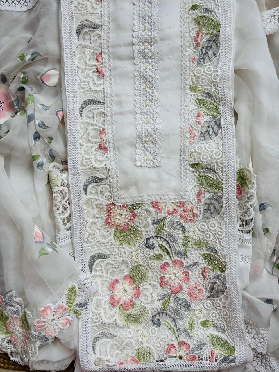 White organza suit with Handpaint and Laces