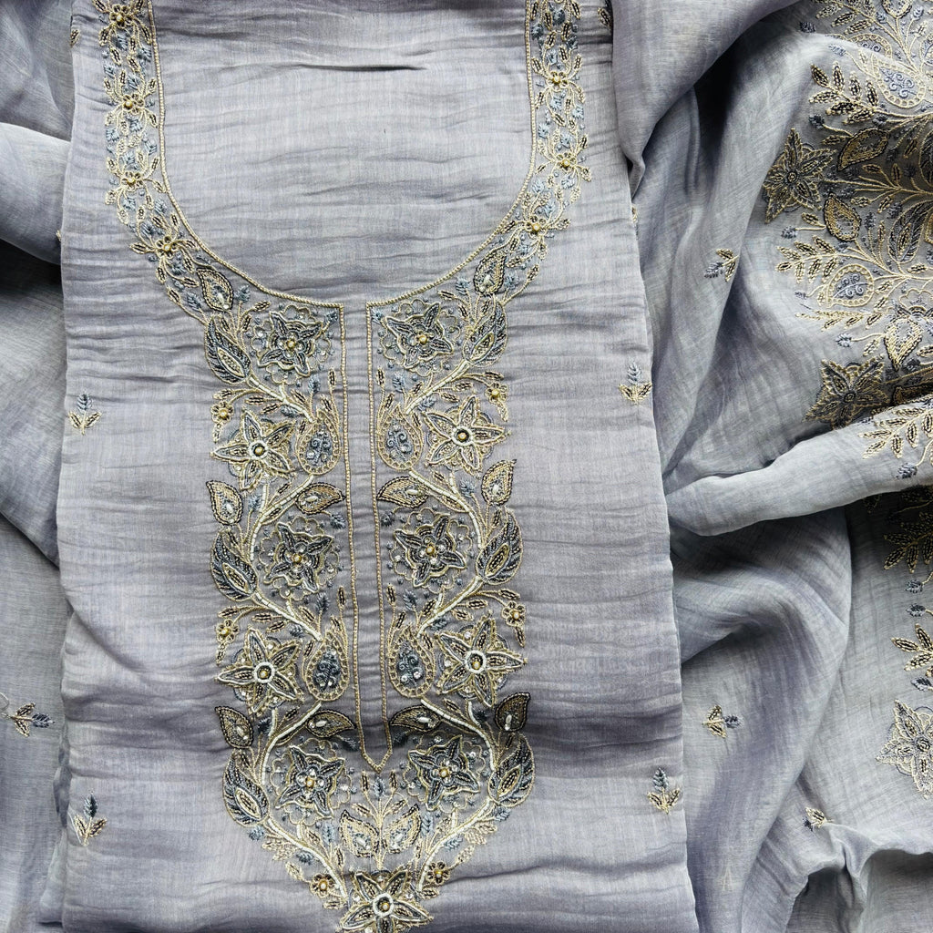 Pure Mulmul Chanderi Unstitched Suit With Sequence Highlights Embroidery