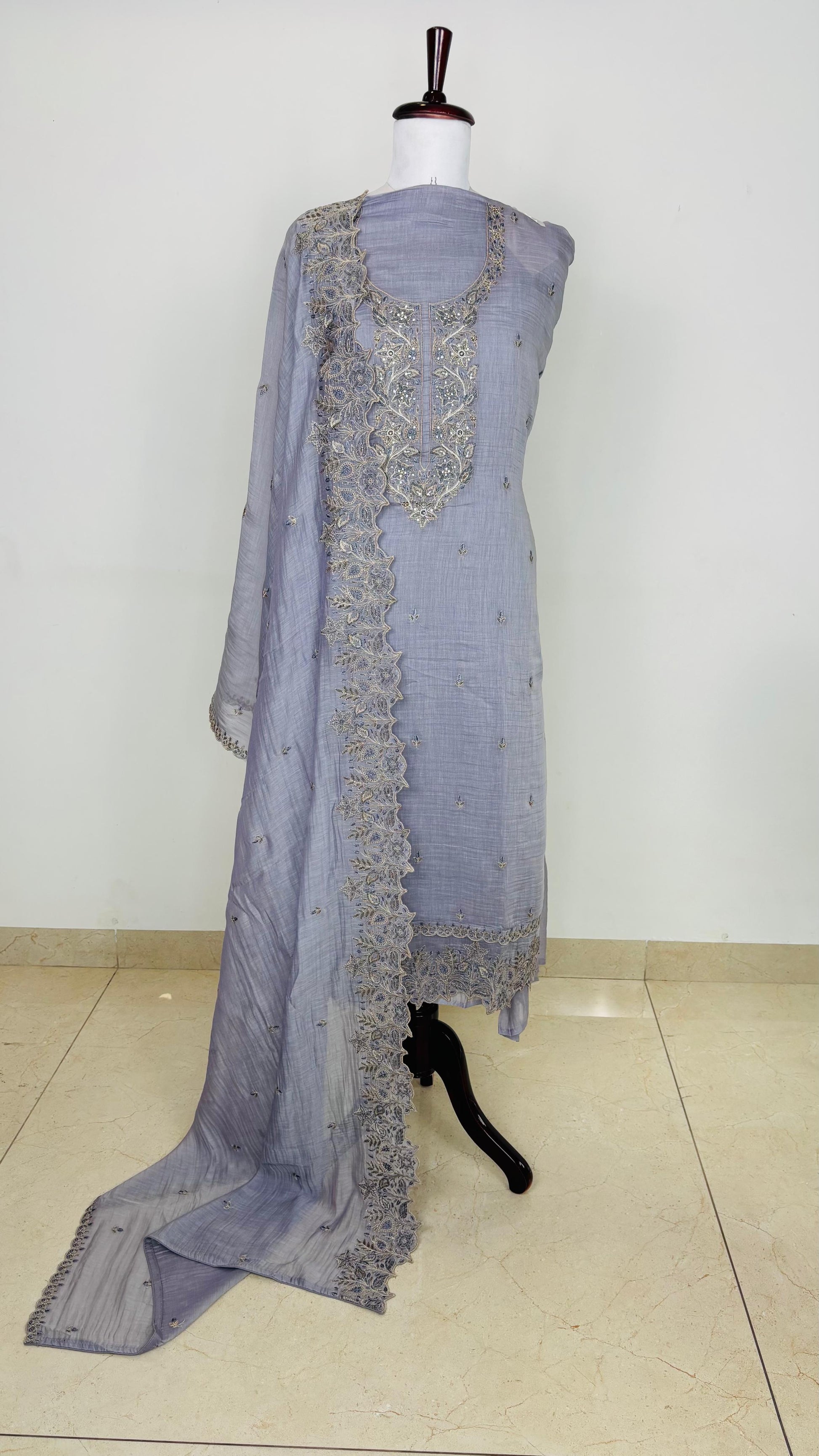 Pure Mulmul Chanderi Unstitched Suit With Sequence Highlights Embroidery
