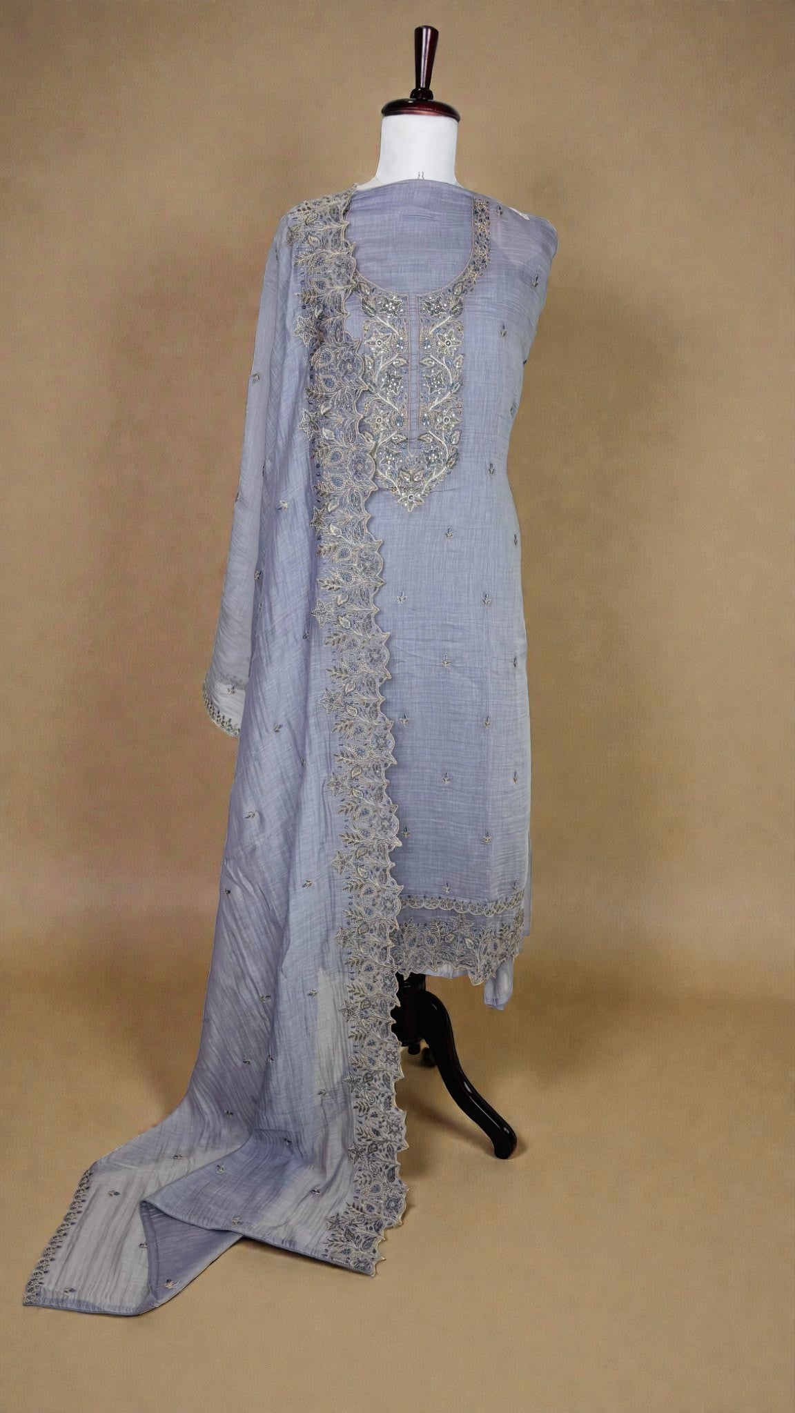 Pure Mulmul Chanderi Unstitched Suit With Sequence Highlights Embroidery