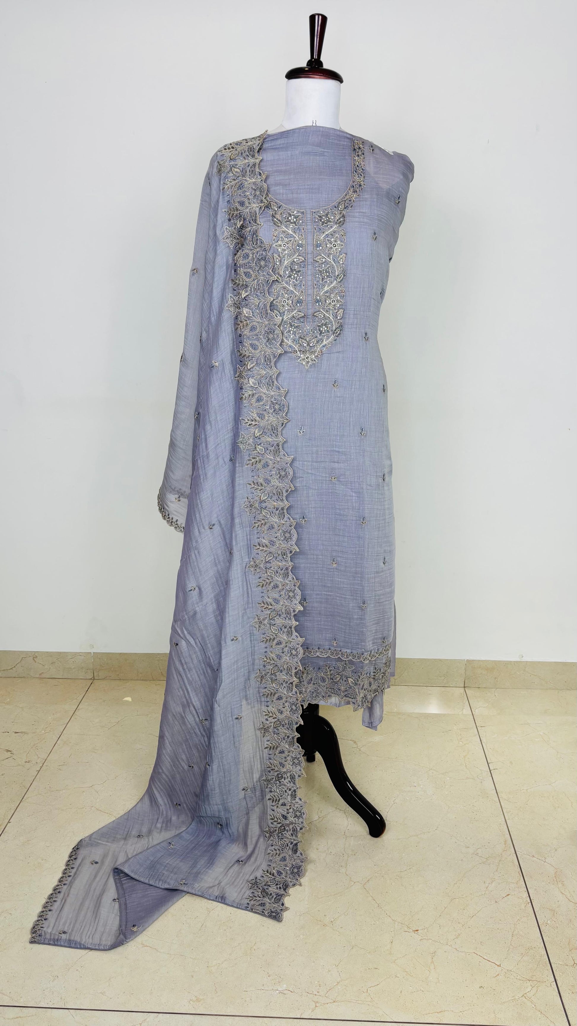 Pure Mulmul Chanderi Unstitched Suit With Sequence Highlights Embroidery