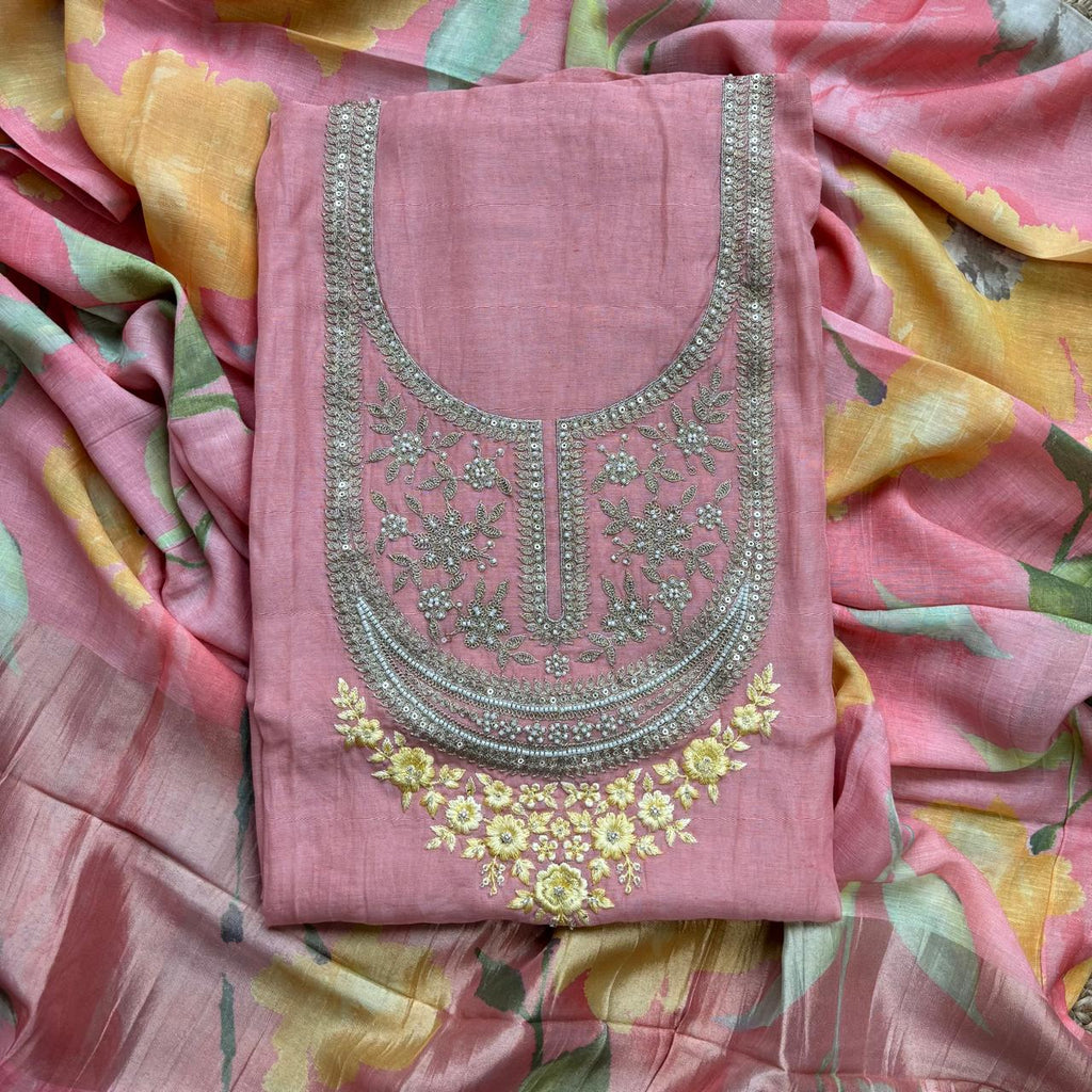 Linen Unstitched Suit with Zari embroidery on neckline and digital print floral dupatta